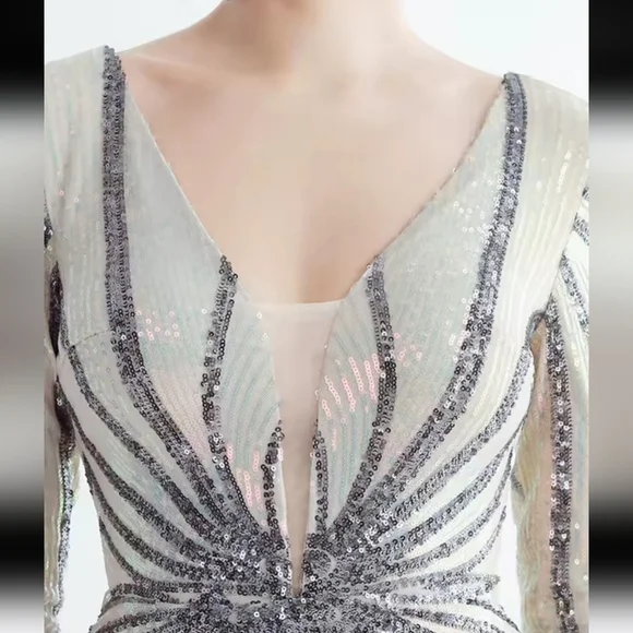 Gray and Cream Backless Embellished Gown with Bishop Sleeves - Picture 7 of 14